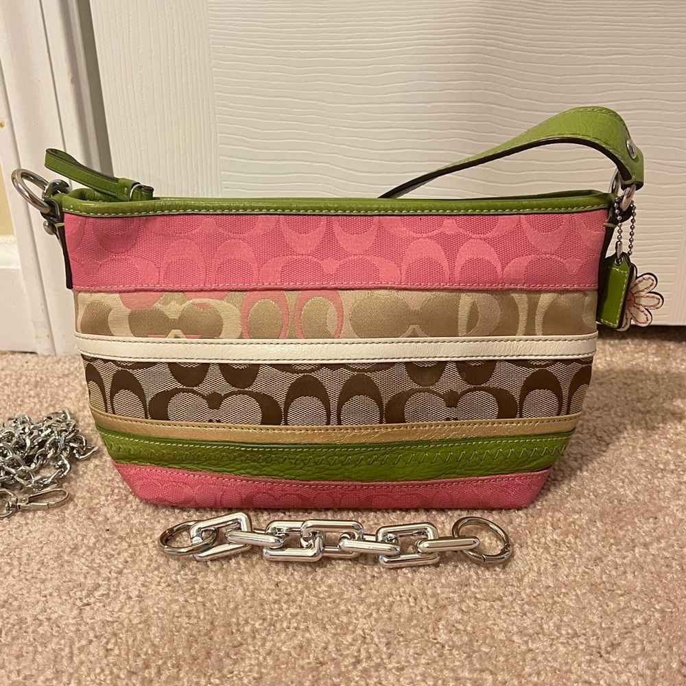 Vintage Coach striped multicolor pink green small tote bag shoulder bag f14725